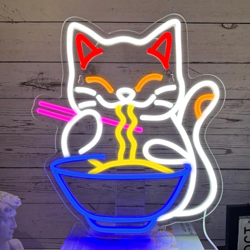XJNOLGXIQU Maneki Neko Ramen Neon Schild Glückskatze LED Schild Winkekatze NeonSchild Geeignet für die Dekoration von Ladenschildern im Wohnzimmer Ramen Cat Neonlichter Leuchtende Wanddekoration von XJNOLGXIQU