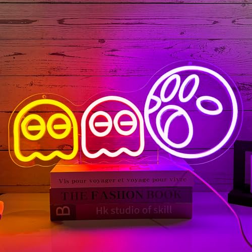 XJNOLGXIQU PacMan Neon Schild Gamer Neon Schild Buntes LED Gaming Neonschild Anime Geist Retro Arcade Neonlicht für Game Room Game Zone Gaming Zubehör Deko Jugendzimmer Deko Wanddekoration von XJNOLGXIQU