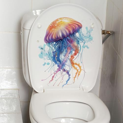XJSDI 30 x 25 cm, 2 Stück, Regenbogenfarben, Quallen, selbstklebende WC-Deckelaufkleber, lustig, PVC, wasserdicht, WC-Sitz-Aufkleber für Deckel, Wandaufkleber, 2 Stück von XJSDI