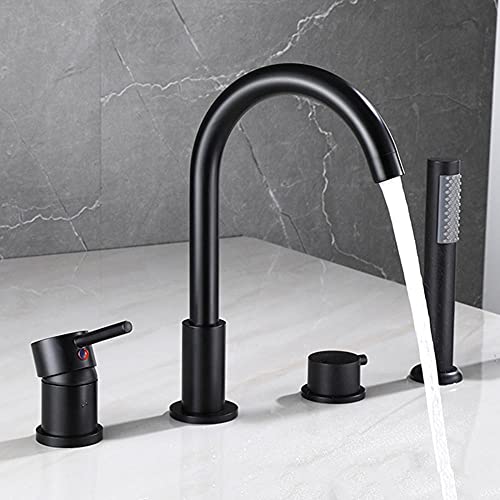 4-Loch Wannenrandarmatur Wannenkombination Wannenarmatur Kalt und Kalt Multifunktions Wasserhahn Badewanne Armatur Badewannenarmatur mit Ausziehbarem Handbrause-Schwarz von XJTNLB