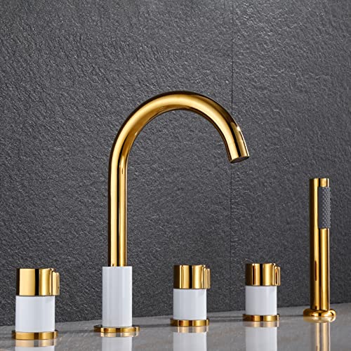 Badewanne Wannenrandarmatur 5 Loch Set Wannenarmatur mit Herausziehbarem Handbrause Bad Dusche Badezimmer Armatur Badewannenarmatur Gold+Weiß von XJTNLB