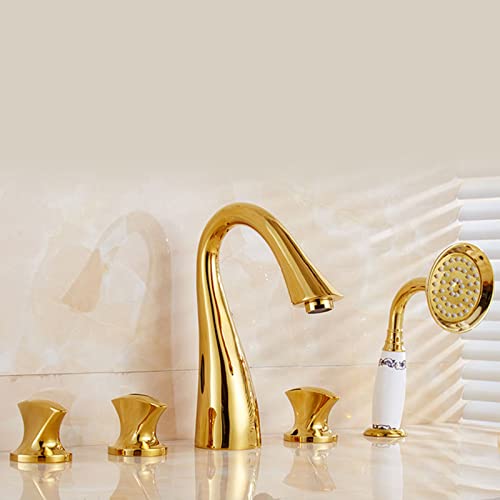 Badewannenarmatur Wannenrand 5-Loch Wannenrandarmatur Gold Badewannen-Armatur Wannenrandkombination Bifunktional Wannenrand Badewanne Armatur Set für Badezimmer von XJTNLB