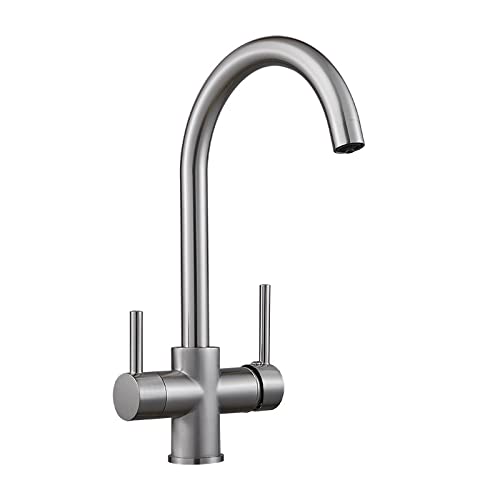 Küchenarmatur 3 Wege Wasserhahn Küche Armatur für Wasserfilter Gebürstet Trinkwasserhahn mit Doppelhebel 3 in 1 Mischbatterie Küche für Wasserfilter von XJTNLB