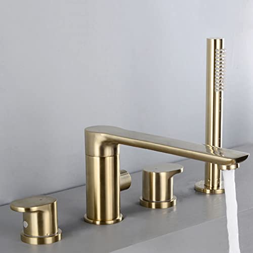 Wannenrand Badewanne Armatur Set 4-Loch Badewannen-Armatur Wannenrandkombination Kupfer Doppelgriff Badezimmer Armatur Set mit Handbrause,Gold von XJTNLB