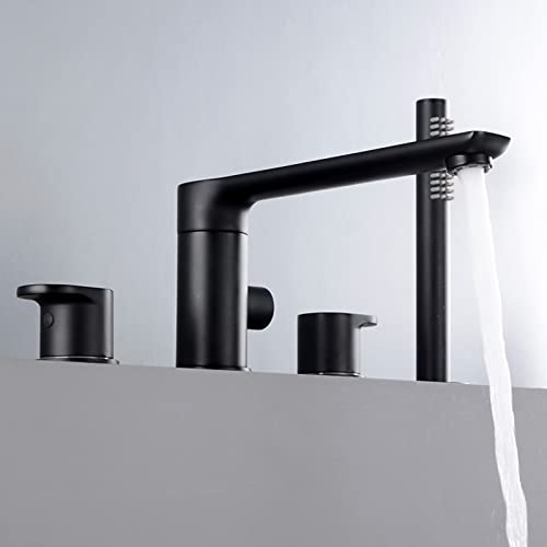 Wannenrand Badewanne Armatur Set 4-Loch Badewannen-Armatur Wannenrandkombination Kupfer Doppelgriff Badezimmer Armatur Set mit Handbrause,Schwarz von XJTNLB
