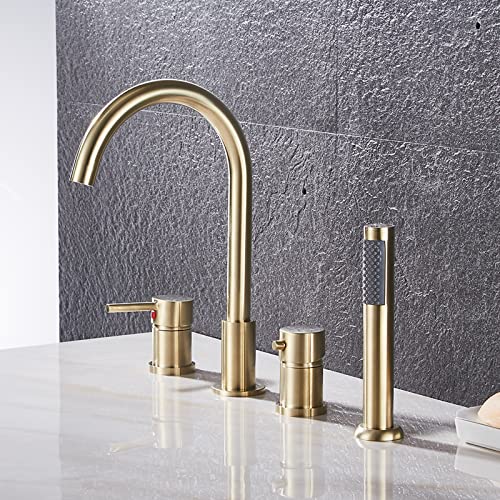 Wannenrandarmatur 4-Loch Badewannen-Armatur Heißes und Kaltes Wasser Badezimmer Armatur Set mit Handbrause Bifunktional Wannenrand Badewanne Armatur Set,Gebürstetes Gold von XJTNLB