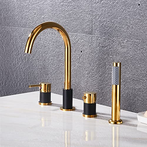 Wannenrandarmatur 4-Loch Badewannen-Armatur Wannenrand Badewanne Armatur Set Thermostat Badewannen-Armatur Wannenrandkombination für Badezimmer,Schwarz+Gold von XJTNLB