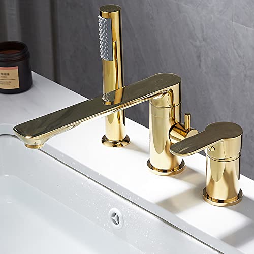 XJTNLB 3 Loch Wannenrandarmatur mit Ausziehbarem Handbrause Wannenrand Badewanne Armatur Set Gold von XJTNLB