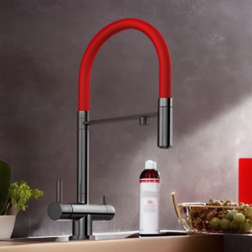 XJTNLB 3 Wege Wasserhahn Ausziehbar Edelstahl Zweigriff Küchenarmatur Flexibel Brause Grau+Rot 3 in 1 Spültischarmatur von XJTNLB