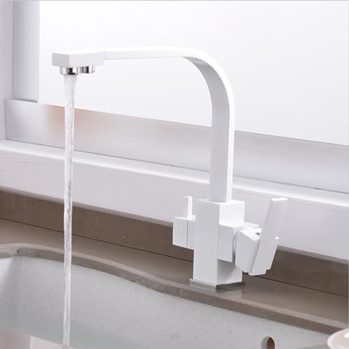 XJTNLB 3 Wege Wasserhahn Küche Weiß Trinkwasserhahn mit 2 Hebel Küchenarmatur 3 Wege Wasserhahn mit Filter-Mischbatterie von XJTNLB
