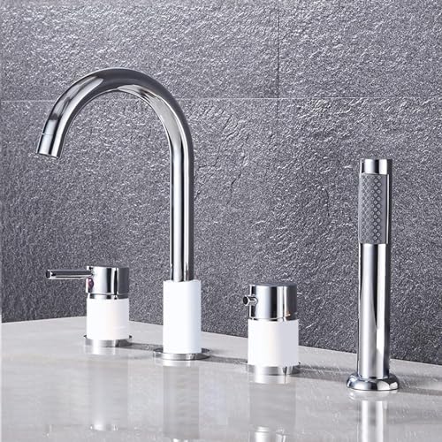 XJTNLB 4-Loch-Badewannenarmatur mit Handbrause, Einhebelmischer Dusche Duschbatterie Modern 360° Drehbar Dusche Badewanne Armaturen Set Weiß+Chrom von XJTNLB