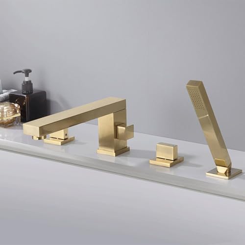 XJTNLB 4 Loch Wannenrandarmatur Badewannenarmatur mit Handbrause Gold Gebürstet Wasserhahn Schwenkbar Mischbatterie Dusche Set XJTNLB 4 Loch Wannenrandarmatur Badewannenarmatur mit Handbrause Gold Gebürstet Wasserhahn Schwenkbar Mischbatterie Dusche Set von XJTNLB
