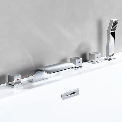 XJTNLB 5 Loch Badewannenarmatur Wasserfall Chrome Mischbatterie Dusche mit Herausziehbarem Handbrause Zweigriff Wannenrandarmatur von XJTNLB