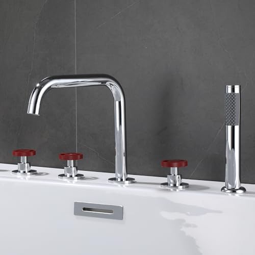 XJTNLB 5-Loch Wannenrandarmatur Badewannenarmatur Chrom mit Handbrause Rot Zweigriff Wannenrandarmatur mit 360° Drehbaren Auslauf von XJTNLB