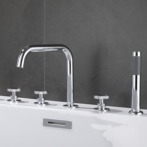 XJTNLB 5-Loch Wannenrandarmatur Badewannenarmatur Chrome mit Handbrause Zweigriff Wannenrandarmatur mit 360° Drehbaren Auslauf XJTNLB 5-Loch Wannenrandarmatur Badewannenarmatur Chrome mit Handbrause Zweigriff Wannenrandarmatur mit 360° Drehbaren Auslauf von XJTNLB