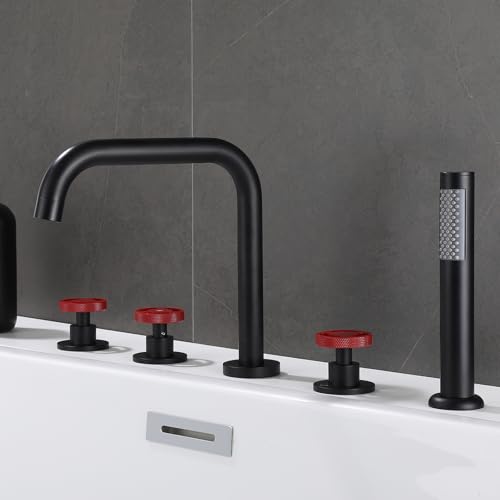 XJTNLB 5-Loch Wannenrandarmatur Badewannenarmatur Schwarz mit Handbrause Rot Zweigriff Wannenrandarmatur mit 360° Drehbaren Auslauf XJTNLB 5-Loch Wannenrandarmatur Badewannenarmatur Schwarz mit Handbrause Rot Zweigriff Wannenrandarmatur mit 360° Drehbaren Auslauf von XJTNLB