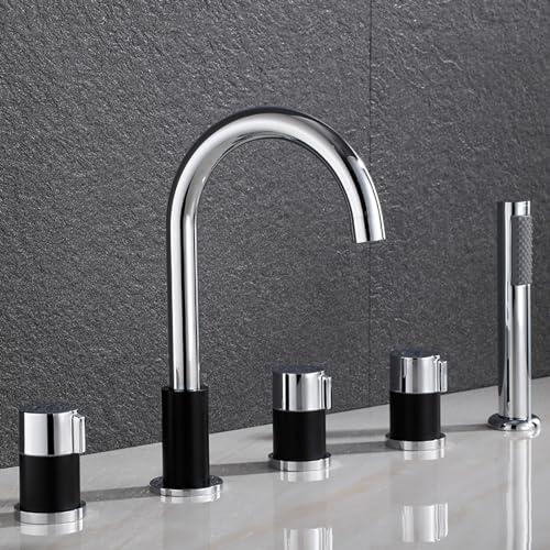 XJTNLB 5-Loch Wannenrandarmatur Badewannenarmatur mit Brause, Mischbatterie Badewanne Duschbatterie Modern Schwarz + Chrom von XJTNLB