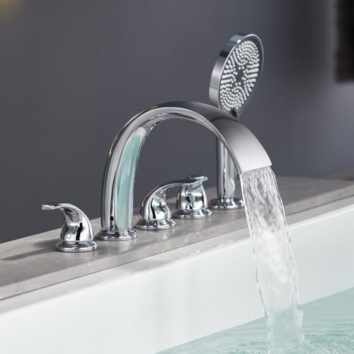 XJTNLB 5 Loch Wannenrandarmatur Wasserfall Chrom Armatur Dusche Set Zweigriff Wannenrandarmatur mit Handbrause und Duschschlauch von XJTNLB