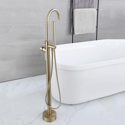 XJTNLB Armatur Dusche Standarmatur Wannenarmatur Schwanenhals Badewannenarmatur mit Handbrause Armatur Dusche Set Einhebelmischer Dusche,Gebürstetes Gold von XJTNLB