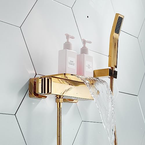 XJTNLB Badewannenarmatur Gold Wasserhahn Bad Wandmontage Wasserfall Mischbatterie Badewanne mit Brause Gold,B von XJTNLB