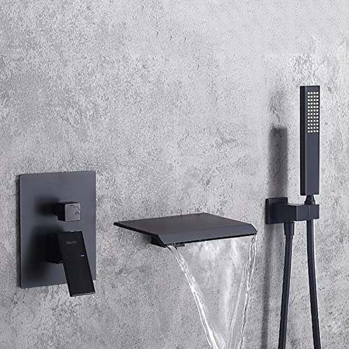 XJTNLB Badewannenarmatur Schwarz Wasserfall mit Brause Wandmontiert Einhebelmischbatterie Mischbatterie Badewanne Unterputz mit Handbrause,Schwarz von XJTNLB
