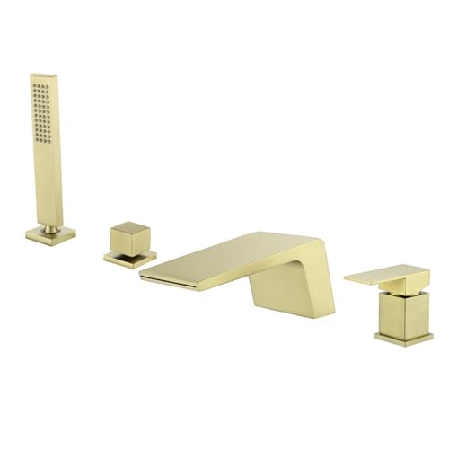 XJTNLB Badewannenarmatur Wasserfall 4 Loch Armatur Badewanne Gold Gebürstet Einhebelmischer Dusche Set mit Herausziehbarem Handbrause XJTNLB Badewannenarmatur Wasserfall 4 Loch Armatur Badewanne Gold Gebürstet Einhebelmischer Dusche Set mit Herausziehbarem Handbrause von XJTNLB