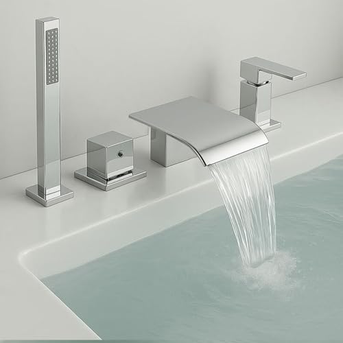 XJTNLB Badewannenarmatur Wasserfall Chrom Wannenarmatur 4 Loch Armatur Dusche Set, Duscharmatur Einhebelmischer von XJTNLB