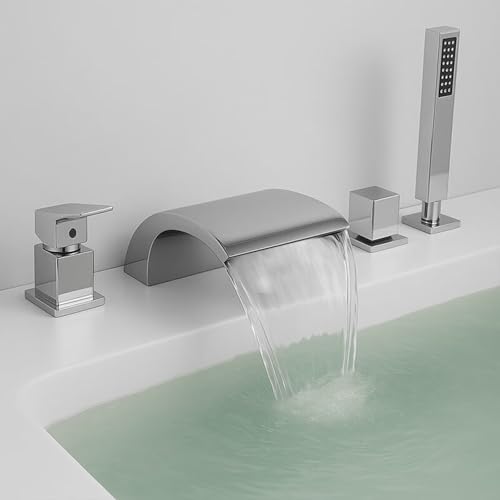 XJTNLB Badewannenarmatur Wasserfall mit Brause Wannenarmatur 4 Loch Mischbatterie Badewanne Chrom Duscharmatur Einhebelmischer von XJTNLB