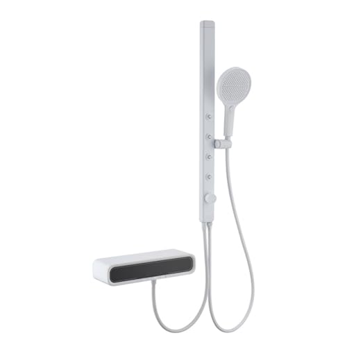 XJTNLB Badewannenarmatur mit Duschstange Weiß Duscharmatur Ablage Mischbatterie Badewanne Wand mit LED-Digitalanzeige von XJTNLB