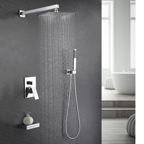 XJTNLB Duscharmatur Unterputz Set 10 in Duschgarnitur mit Regendusche Wasserfall-Badewannenauslauf Duschbrause mit Schlauch,Chrom von XJTNLB