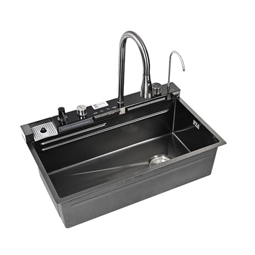 XJTNLB Edelstahl Spülbecken Multifunktions Wasserfall-Spüle Schwarz mit Ausziehbaren Armaturen Tassenwaschmaschine Seifenspender Thekenablauf von XJTNLB