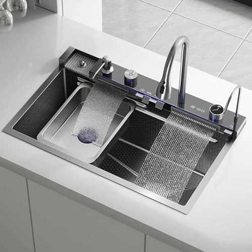 XJTNLB Edelstahlspüle Gunmetal Grau Spülbecken Multifunktions Wasserfall-Spüle mit Ausziehbaren Armaturen, Drucktopfspüler 80 * 46 cm von XJTNLB