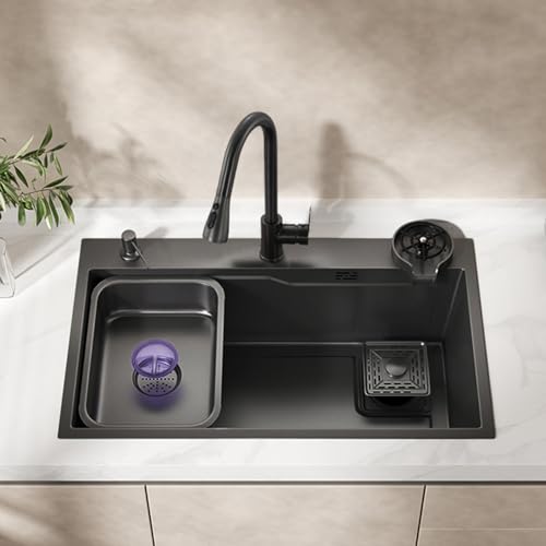 XJTNLB Küchenspüle Ablaufgarnitur Edelstahl 68 * 46cm Spülbecken Schwarz mit Armatur mit Schneidebrett, Seifenspender und Anderem Zubehör von XJTNLB