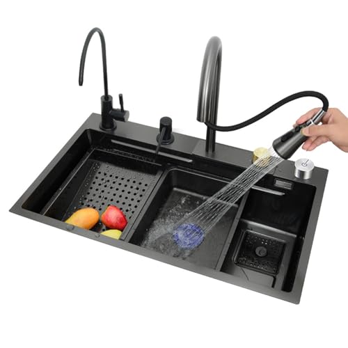 XJTNLB Küchenspüle Edelstahl Grauer Multifunktionsspüle Küche 80 x 45 Wasserfall Wasserhahn mit Tassenwaschanlage, Seifenspender, Tischsteuerung von XJTNLB