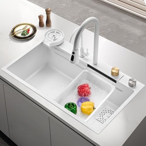 XJTNLB Küchenspüle Edelstahl Multifunktionsspüle Weiß mit Wasserfall Wasserhahn Küchen Spülbecken Edelstahl mit Tischsteuerung, 80 * 46cm XJTNLB Küchenspüle Edelstahl Multifunktionsspüle Weiß mit Wasserfall Wasserhahn Küchen Spülbecken Edelstahl mit Tischsteuerung, 80 * 46cm von XJTNLB