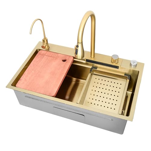 XJTNLB Küchenspüle Edelstahl Waschbecken Küche Gold mit Tassenwaschanlage, Seifenspender, Flying Rain Wasserfall-Auslauf, Tischsteuerung Spüle Küche 68 x 45 XJTNLB Küchenspüle Edelstahl Waschbecken Küche Gold mit Tassenwaschanlage, Seifenspender, Flying Rain Wasserfall-Auslauf, Tischsteuerung Spüle Küche 68 x 45 von XJTNLB