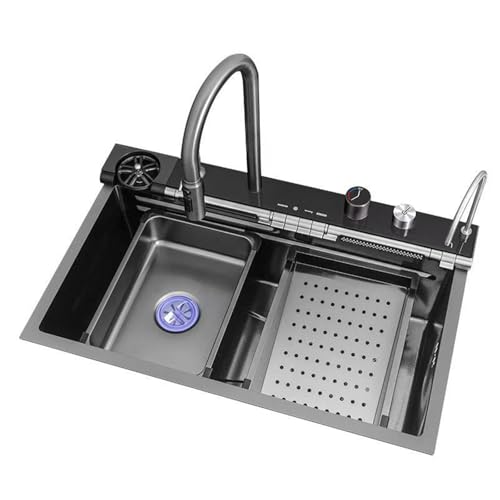 XJTNLB Küchenspüle Schwarz Wasserfall Spülbecken 68 * 45 cm Einbauspüle Edelstahl mit Led-Display mit Tassenwaschmaschine von XJTNLB