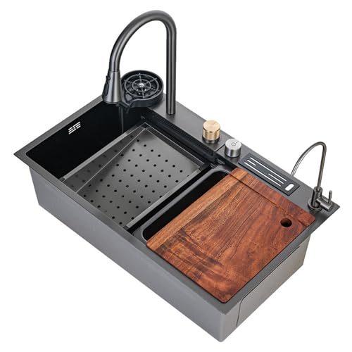 XJTNLB Küchenspülen Graues Spülbecken Küche Edelstahl mit Ablaufgarnitur, Ausziehbaren Armaturen, Flying Rain Wasserfall-Auslauf und Drucktopfspüler XJTNLB Küchenspülen Graues Spülbecken Küche Edelstahl mit Ablaufgarnitur, Ausziehbaren Armaturen, Flying Rain Wasserfall-Auslauf und Drucktopfspüler von XJTNLB