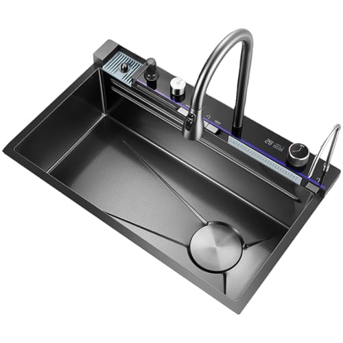 XJTNLB Küchenwaschbecken Gunmetal Grau Küchenspüle Edelstahl Wasserfall Spüle mit Led-Display und Ambientebeleuchtung 80 * 45 cm XJTNLB Küchenwaschbecken Gunmetal Grau Küchenspüle Edelstahl Wasserfall Spüle mit Led-Display und Ambientebeleuchtung 80 * 45 cm von XJTNLB