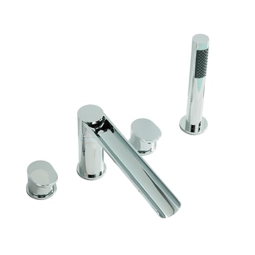 XJTNLB Mischbatterie Badewanne Wasserfall Chrome 4 Loch Armatur mit Herausziehbarem Handbrause Zweigriff Wannenrandarmatur von XJTNLB