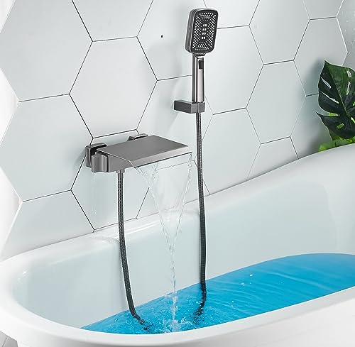 XJTNLB Mischbatterie Badewanne mit Brause Wasserhahn Wandmontage Badewannenarmatur Wasserfall mit 3 Modi Handbrause Gunmetal Grau von XJTNLB