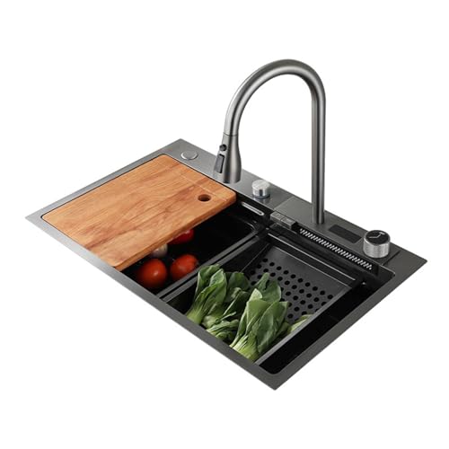 XJTNLB Multifunktionsspüle Grauer mit Wasserfall Küchenspüle Edelstahl mit Tassenwaschanlage, Seifenspender, Flying Rain Wasserfall-Auslauf, Tischsteuerung, 75x46 von XJTNLB
