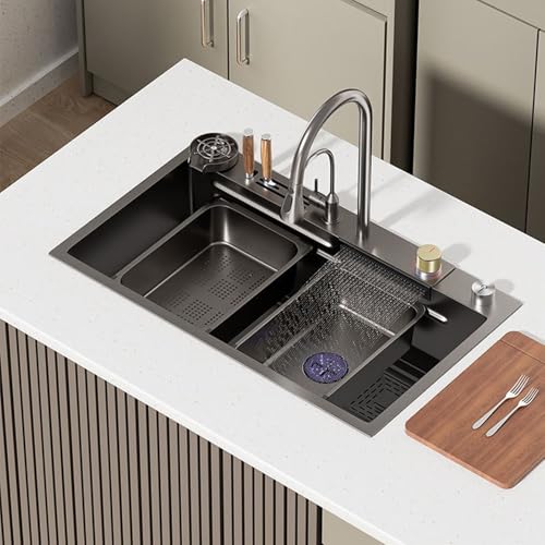 XJTNLB Spülbecken Gunmetal Grau Küchenspüle Edelstahl Spüle Küche Edelstahl mit Wasserfallmischer und Tischsteuerung 92 * 46 cm von XJTNLB