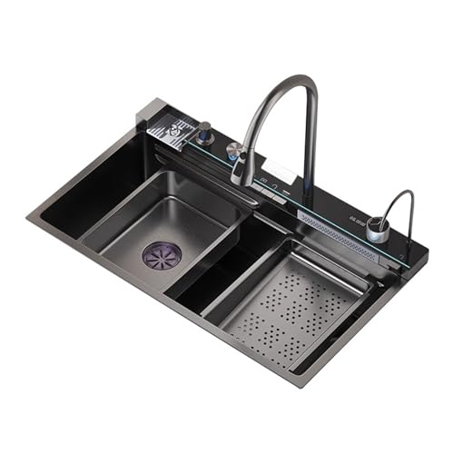 XJTNLB Spülbecken Küche Edelstahl Wasserfall Spüle mit Digitaler Led Multifunktionsspüle Küche 68 * 45 cm mit Ausziehbaren Armaturen von XJTNLB
