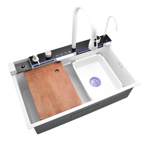XJTNLB Spüle Küche Wasserfall Küche Spülbecken Weiß mit Led-Display und Ambientebeleuchtung Küchenspüle Edelstahl 1 Becken 75x46 von XJTNLB