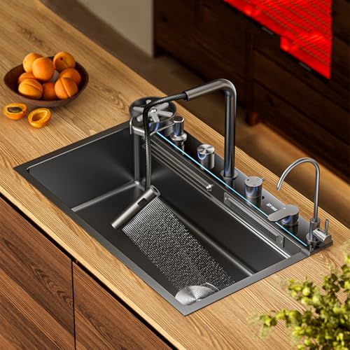 XJTNLB Spüle Küche Wasserfall mit Digitaler Led-Temperaturanzeige Küchenspüle Graues 75x46 Waschbecken Küche Edelstahl mit Ausziehbarer Wasserhahn XJTNLB Spüle Küche Wasserfall mit Digitaler Led-Temperaturanzeige Küchenspüle Graues 75x46 Waschbecken Küche Edelstahl mit Ausziehbarer Wasserhahn von XJTNLB