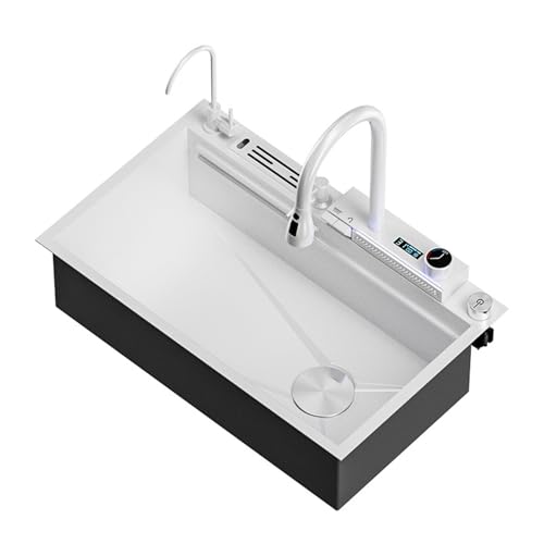 XJTNLB Spüle Küche Weiß Multifunktionsspüle Weiß mit Wasserfall Armatur Küchenspüle Edelstahl mit Tischsteuerung, 80x46 von XJTNLB