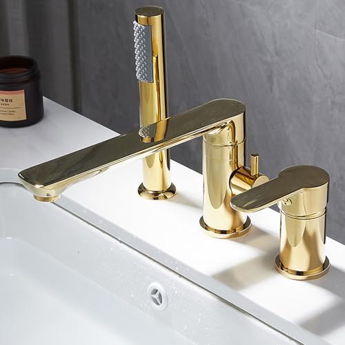 XJTNLB Wannenarmatur 3 Loch Badewannenarmatur mit Handbrause Gold Mischbatterie Badewanne mit 360°Drehbar Auslauf von XJTNLB