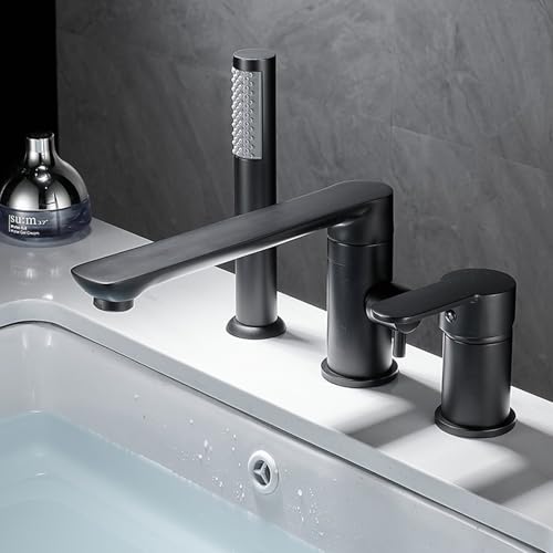XJTNLB Wannenarmatur 3 Loch Badewannenarmatur mit Handbrause Schwarz Mischbatterie Badewanne mit 360°Drehbar Auslauf von XJTNLB