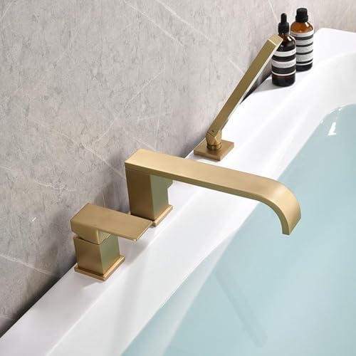 XJTNLB Wannenarmatur Wasserfall 3 Loch Badewannenarmatur Gold Gebürstet mit Handbrause Mischbatterie Dusche Set von XJTNLB
